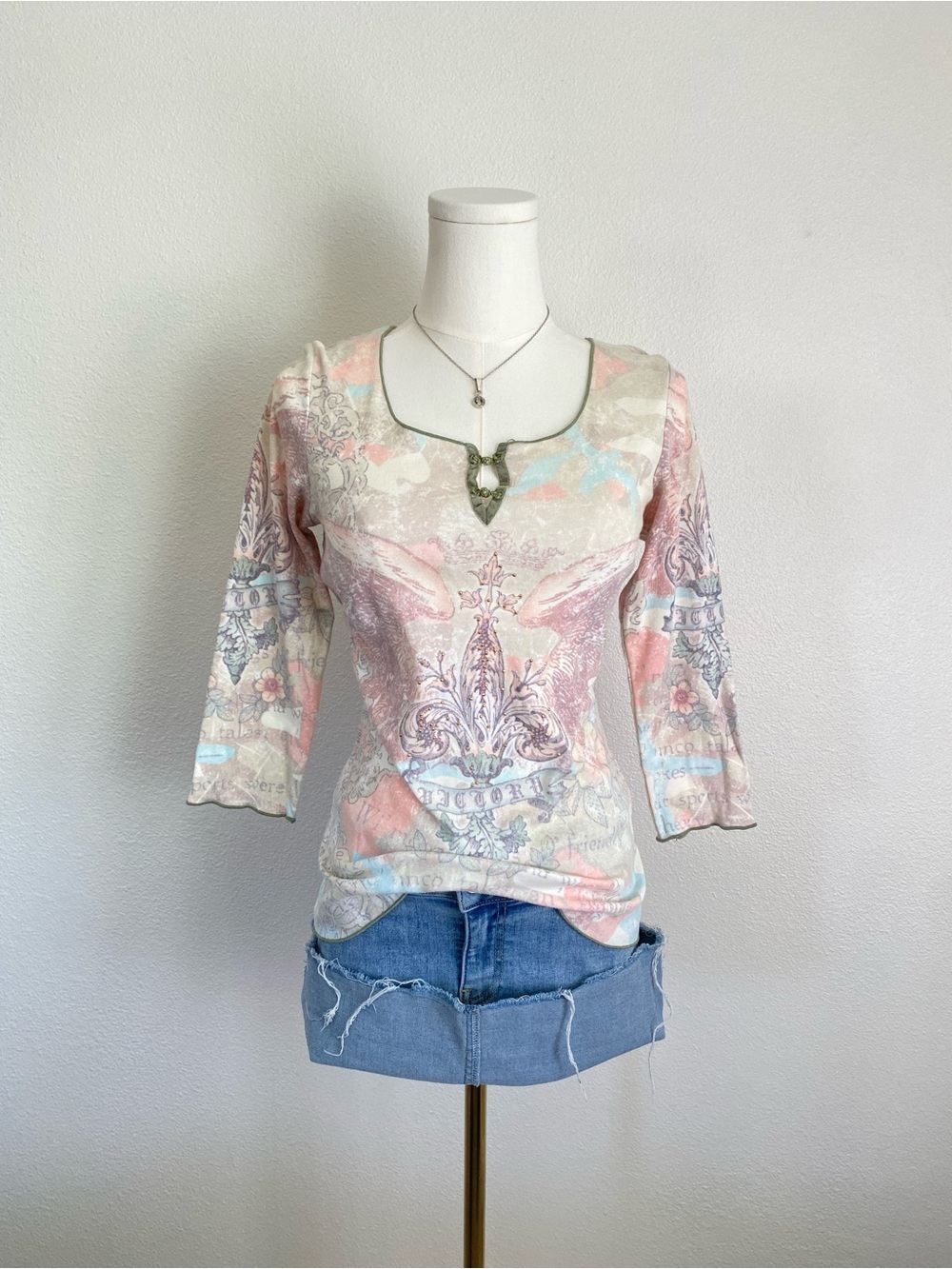 Y2K One World Fairy Whimsygoth Grunge Scoop Neck 3/4 Sleeve Shirt Flora